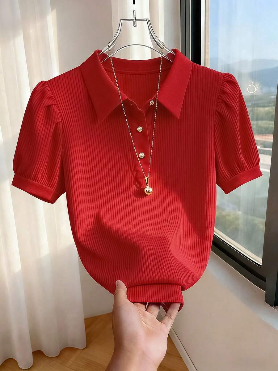 SHEIN Franclia 纯色优雅都市通勤风休闲浪漫女式T恤 - 紅色 - 查看 1