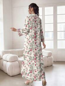 SHEIN Najma 女士复古花卉植物印花V领长袖系腰休闲连衣裙，春夏款 - 彩色 - 查看 2