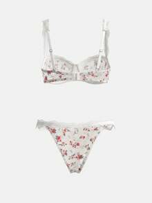 lacRébo White Floral-Printed Mesh Lingerie Set With A Balconette Bra And Matching Panties Cute French Style - Multicolor - View 8