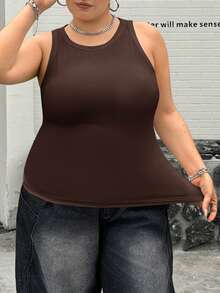 SHEIN CURVE+ 大码女式休闲基础款修身白色露肩背心，夏季舒适面料 - 棕色 - 查看 7