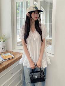 DAZY 女款白色方領荷葉邊鬆身休閒襯衫，泡泡袖設計，顯瘦優雅夏季可愛上衣 - 白色 - 查看 6