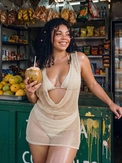 Swim Vcay Plus Size Summer Vacation Sheer Sexy Plunging Neck Cover-Up Dress