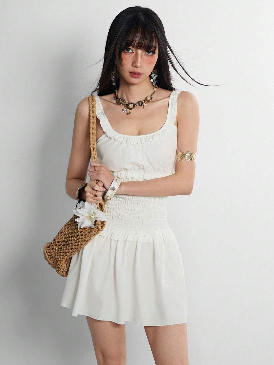 INAWLY 2026 Summer New Arrival Minimalist Basic Slim Fit Solid Color Dress For Women White One Piece Picnic Golf Dresses - White - View 1