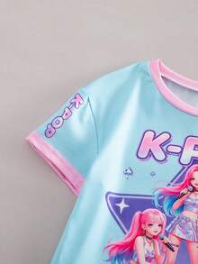 SHEIN Kids 2pcs/Set Young Girl Casual Sports Style K-Pop Cartoon Starry Sky Print Short Sleeve Top And Shorts Set,Light Pink,Summer Back To School - Pink - View 10