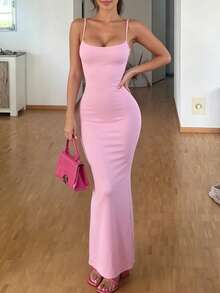 INAWLY Solva Women's Solid Color Sweet Fitted Fishtail Hem Camisole Dress - Pink - View 5