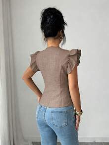 SHEIN Elenzya 女款優雅素色金屬扣飾V領荷葉袖精緻襯衫 - 棕色 - 查看 2