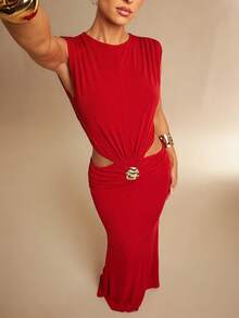 Silquee Red Summer Elegant Party Dress For Women,Metallic-Embellished Pleated Backless Fitted Maxi Long Wedding Reception Formal Graduation Beach Dress - Red - View 3