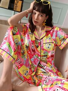 Chillnights SpongeBob SquarePants | SHEIN Conjunto de pijama con top de satén de manga corta con estampado lindo y pantalones largos para mujeres y jóvenes - Multicolor - Ver 1