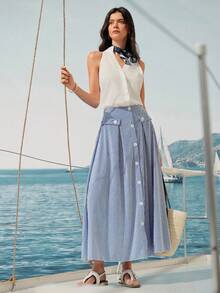 Ria Solene 女士休闲条纹前扣A字裙，夏季 - 藍色 - 查看 5