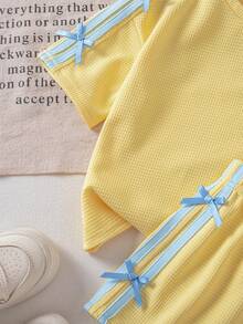 SHEIN 2pcs Young Girl Knitted Solid Color Round Neck Casual T-Shirt And Shorts Set - Yellow - View 6