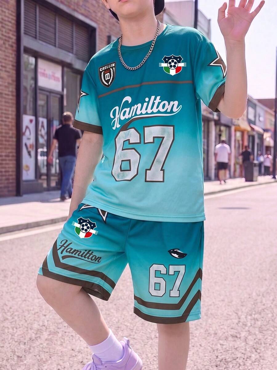 Tween Boy T-Shirt And Shorts Set With Gradient Background From Deep Lake Blue To Light Mint Green, White Number 67 Print On Sleeves With Brown Edge Star Pattern, Badge And Shield Logo On Chest, Rich In Detail And Design - Multicolor - View 1