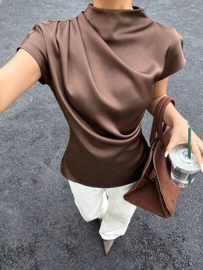 Siren Gaze Women Solid Elegant Brown Satin Mock Neck Blouse Draped Short Sleeve Top For Office And Casual Wear, Stand Collar Pleated Design,  Pleated Blouse, Versatile Fashion Item Suitable For Work, Casual Outings, Parties, Elegant Ladies Shirt, Formal And Casual Suitable Brown Shirt, Coffee Brown Top, Satin Brown Top, Chocolate Brown Top, Dignified Blouse, Brown Blouse