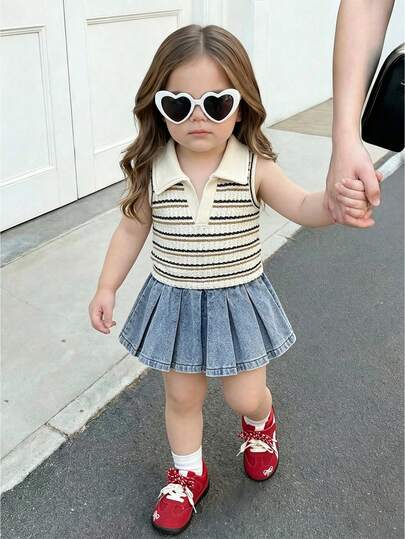 SHEIN Bộ 2 món cho bé gái, phong cách thường ngày mùa xuân/hè, áo không tay thêu họa tiết dâu tây và chân váy xếp ly ngắn màu đỏ.