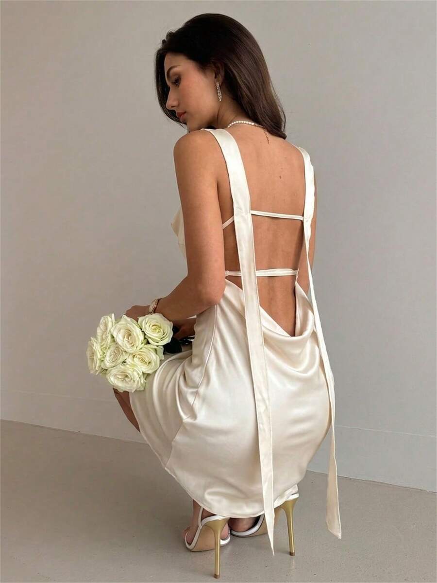 Aloruh Đầm dạ hội satin thanh lịch hở lưng, thắt eo bằng ruy băng dành cho nữ, thích hợp dự đám cưới, dự tiệc hoặc sinh nhật. - Màu be - Xem 1