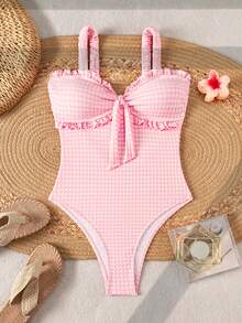Swim Mod 女士新款夏季沙滩度假可爱纹理格子面料花卉荷叶边连体泳衣，性感露背挂脖连体泳装，适合春夏沙滩和游泳 - 粉色 - 查看 3