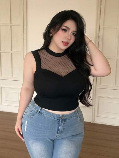 Vibekara Plus Size Mesh Patchwork Sexig Transparent T-shirt, Vår/Sommar