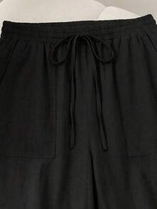SHEIN Frenchy Plus Size Women's Black Wide-Leg Pants With Pockets,Sommar Smart Casual Everyday Solid Color Beach Shorts,Commuting Fashion Essential For Vacation - Black - View 5