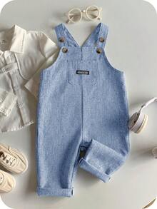 SHEIN Baby Boy Casual Cute Versatile Striped Cartoon Bear Pattern Bib Jumpsuit - Dusty Blue - View 8