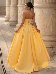 Glamrae Elegante y lujoso vestido de satén con estampado floral sin tirantes y largo, adecuado para bodas, fiestas, vacaciones, bailes y eventos formales (con abundantes adornos) - Amarillo - Ver 4