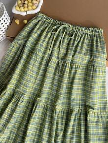 Comfortcana Plus Size Green Plaid A-Line Skirt, Suitable For Spring/Summer Vacation - Green - View 13