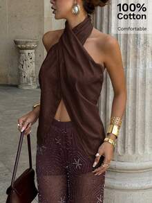 Siren Gaze Áo tank top nữ thanh lịch, thoải mái, cổ yếm buộc chéo, lưng hở, cài cúc, xẻ tà, thích hợp cho kỳ nghỉ hè, đi biển, dự tiệc hoặc công sở. - Cà phê nâu - Xem 5