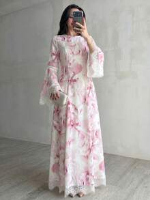 Yasmyna Abito lungo a maniche lunghe con stampa digitale intrecciata rosa, con bordo in pizzo bianco, silhouette a vita stretta e linea ad A, elegante stile romantico arabo, adatto per primavera/estate - Rosa - Visualizzare 7