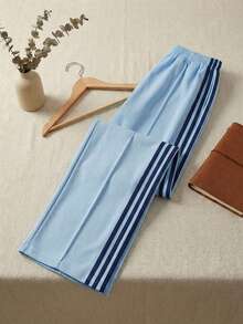 SHEIN Tall Women's Elastic Waist Side Stripe Wide Leg Loose Casual Sweatpants,Back To School, Tall Women - Blue - View 6