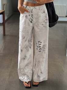DAZY Women's Leopard Print Pocket Wide Leg Loose Casual Jeans - White - View 6