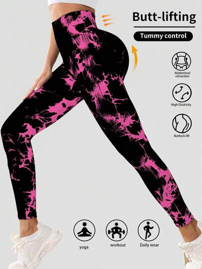 Core Rhythm Damskie legginsy sportowe z wysokim stanem i nadrukiem tie-dye, wyszczuplające i podnoszące sylwetkę