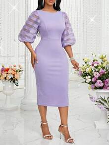SHEIN Lady Đầm midi tay cánh hoa bằng vải lưới thanh lịch dành cho nữ, thích hợp cho mùa hè. - Màu tím - Xem 6