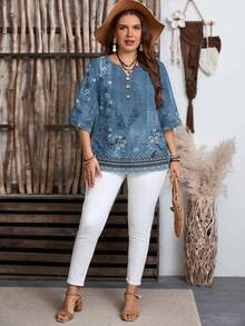 EMERY ROSE Women's Casual Floral Print Shirt,Summer Top - Blue - View 3
