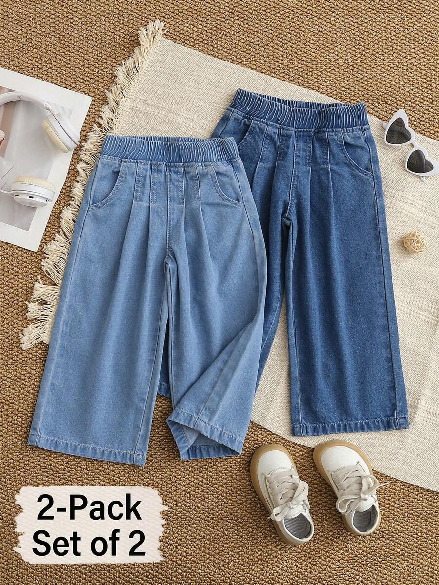 SHEIN 2pcs/Set Girls Back-To-School All-Match Casual Straight Leg Loose Fit Denim Jeans,Comfortable Soft Fabric Blue Fashionable Street Style For Holidays