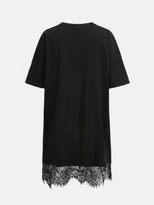 SHEIN 儿童/少女黑色纯色蕾丝拼接T恤裙，休闲时尚春夏款 - 黑色 - 查看 2
