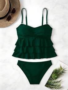 Swim Basics 新品性感優雅女款坦基尼泳衣套裝，多層荷葉邊飾邊黑色純色面料，可拆卸肩帶，掛脖開衩坦基尼泳衣套裝，適合海灘、度假、游泳 - 綠色 - 查看 5