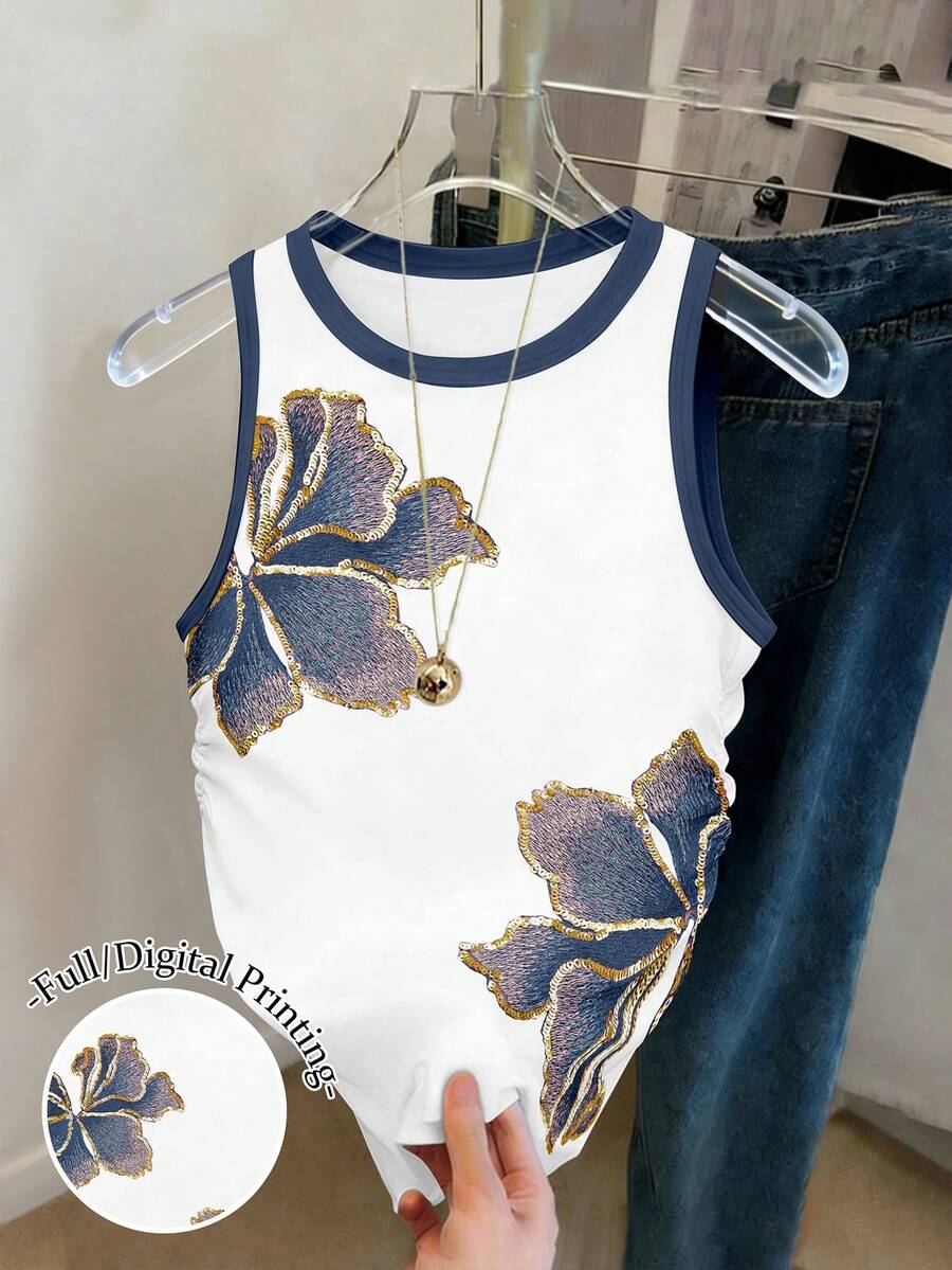 SHEIN 女士收腰撞色短袖芙蓉花图案印花基础款T恤背心 - 彩色 - 查看 1