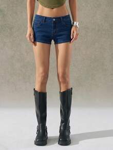 SHEIN EZwear Quần short denim nữ cạp thấp màu đen, thích hợp cho lễ hội âm nhạc miền Tây mùa hè. - Rửa tối - Xem 3