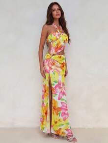 Aloruh Women's Spring/Summer New Floral Print Halter Neck Dress, Vacation Dress, Sexy Dress, Backless Criss-Cross Dress For Beach Golf Pastal - Multicolor - View 4