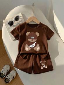 SHEIN 2件/組 嬰幼兒中性 0-3歲 嬰兒男孩女孩 熊圖案短袖上衣與短褲套裝 咖啡棕色 夏季休閒可愛度假套裝 - 彩色 - 查看 4