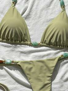Swim Mod Women's Solid Color Halter Metal Accessories Sexy Bikini Set, Spring/Summer - Yellow - View 6