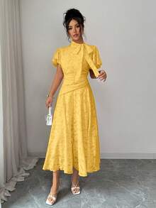 Modelyn Tie-Waist Ruched Cutout Flare Dress For Women - Yellow - View 6