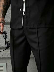 SLATEMANN Conjunto de camisa de manga corta con botones y pantalones de unicolor casual para hombre - Negro - Ver 6