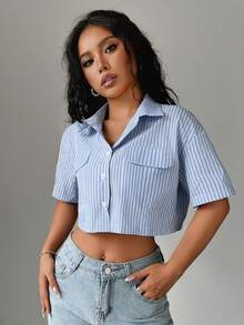 SHEIN PETITE 休闲度假音乐节条纹短款女式衬衫 - 藍色 - 查看 3