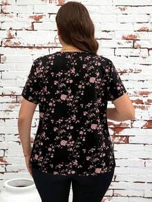 SHEIN Clasi Plus Size V-Neck Short Sleeve Ditsy Floral Summer Shirt - Pink - View 2