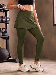 Powerista Women's Casual Solid Color Sports Leggings - Army Green - View 1