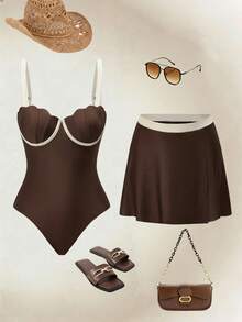Swim Oasis 26SS 棕色和米色撞色贝壳杯带衬垫比基尼套装，配套裙式泳衣 - 彩色 - 查看 1