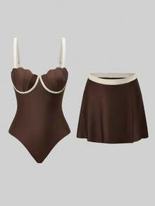 Swim Oasis 26SS 棕色和米色撞色贝壳杯带衬垫比基尼套装，配套裙式泳衣 - 彩色 - 查看 9