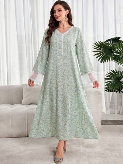 Al Najma Floral Contrast Mesh Dress, Loose Fit, Suitable For Summer