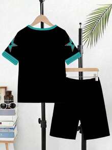 Conjunto de 2 peças para meninos pequenos, casual, criativo, com o número 67, camiseta listrada com estrelas e blocos de cores, confortável para uso diário na primavera e no verão. - Multicolorido - Ver 5