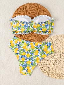 SHEIN Swim 女士夏季沙滩度假新款可爱无肩带碎花荷叶边甜美小碎花搭配精致珍珠吊坠抽绳比基尼套装 - 彩色 - 查看 2
