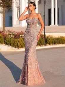 Glamrae Elegant Luxurious Beaded Sequin Mermaid Dress,3D Floral Decor Heavily Embellished Tube Top Gown For Weddings,Parties,Galas,Formal Occasions - Dusty Pink - View 7